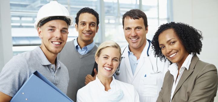 A group of professionals from different fields standing together
